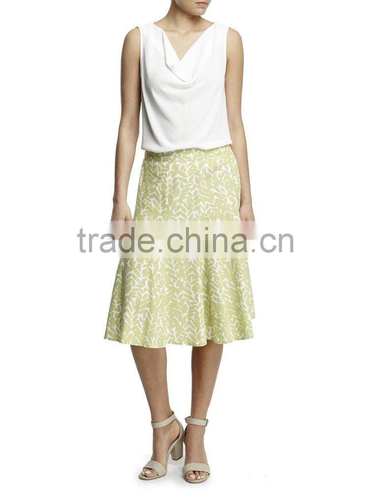 2015 Latest Women Fashion Linen Leaf Print Midi Skirt