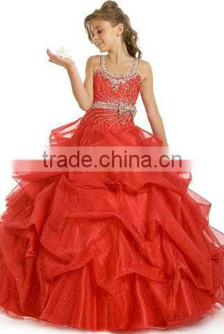 Red Organza Beaded A-line Spaghetti Straps Ruffled LIttle Girl Party Dress PT-236
