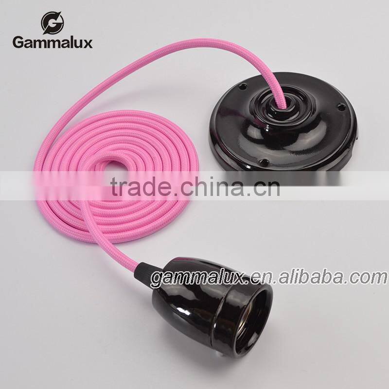 E27 Ceramic Ceiling Rose Light Holder, Light Pink Braided Electric Wire