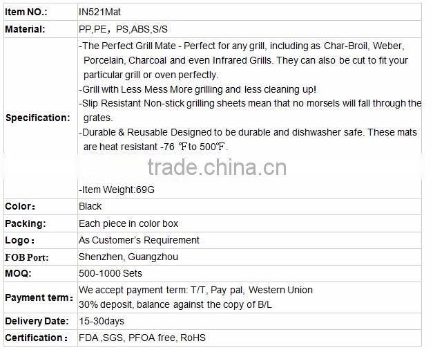 High Quality IN521 Mat BBQ Grill Mat Nonstick Oven Liner BBQ Grill Mat For Electric, Gas And Toaster Oven Teflon Cook Sheet