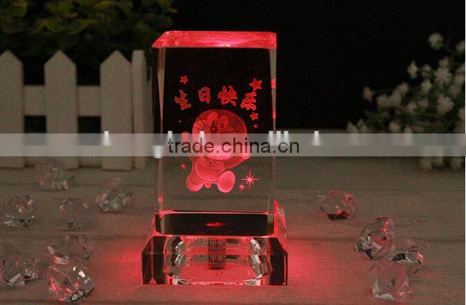 3d Laser Engraved Crystal Doraemon Cube with LED light base ,3d laser crystal cube Doraemon