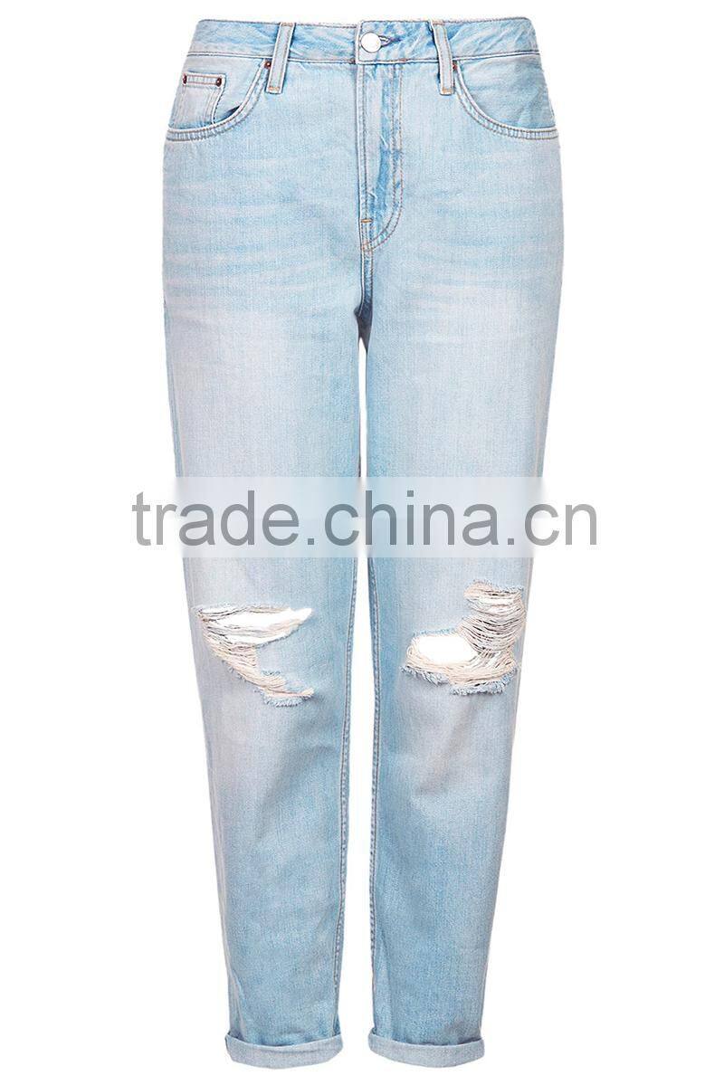 Blue distressed holes denim pants with straight leg girls sex leg jean pant dubai girl photo