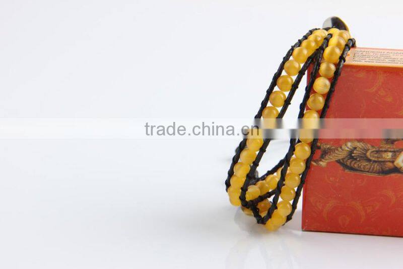 6mm natural yellow opal beaded wristband rope bracelet, adjustable leather bracelet, multi layer bracelet
