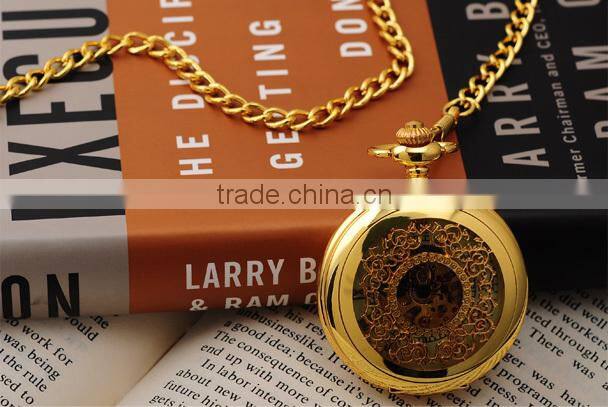 Fashion Skeleton Gold Case Roman Dial Mens Mechanical Pocket Watch
