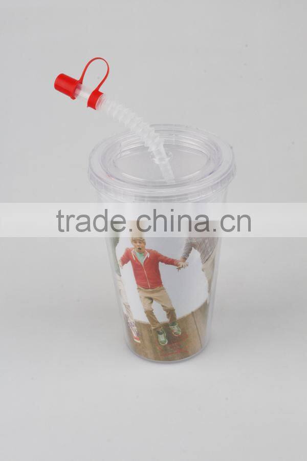 500ML Best-selling PS Plastic Double Wall Drinking Cup With Straw