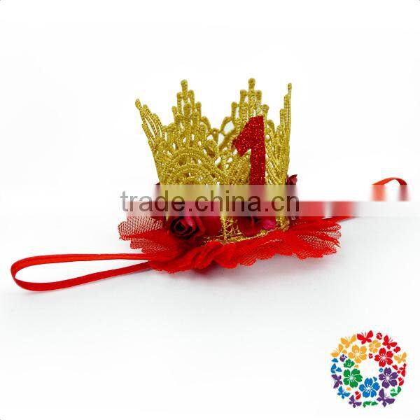 Baby 1 Year Birthday Crown Headband Nylon Headbands Baby Girl Party Headwear Wholesale Price