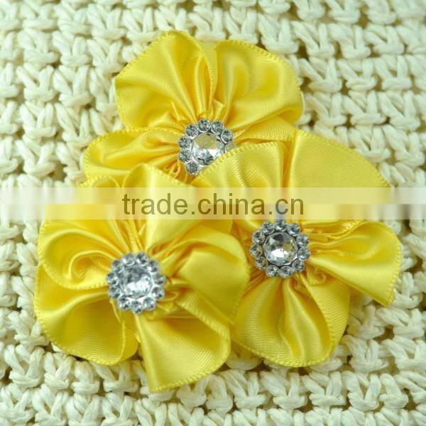 handmade satin flower with rhinestone center for kids hair accessories
