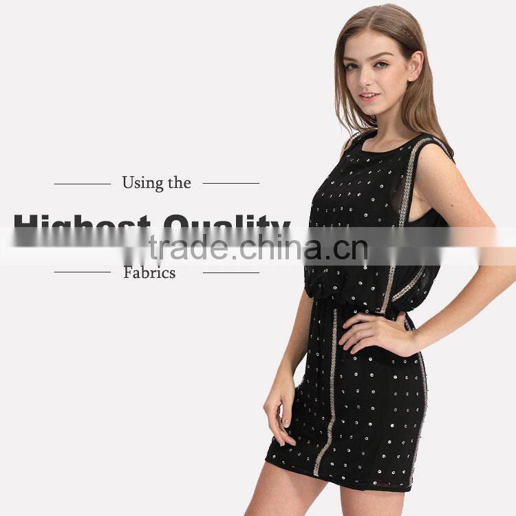 OEM Service Supply Design Sleeveless Latest Sequin Top Chiffon short Skater Dress