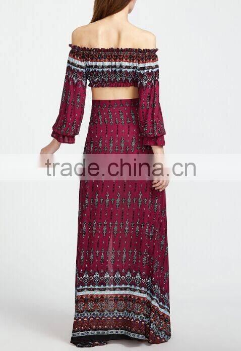 Picture of long skirts and tops Vintage print drawstring top with split skirt