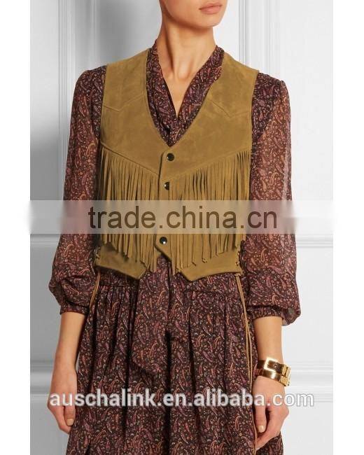 high quality women sweet brown slim fit fringe suede vest