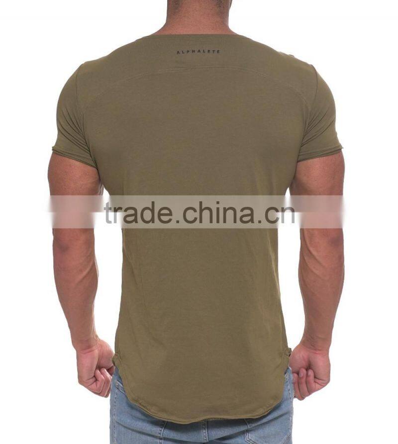Fashion Pocket Scoop Neck Tee Wholesale Blank Streetwear Elongated T Shirt Longline Short Sleeve Curved Hem T Shirt