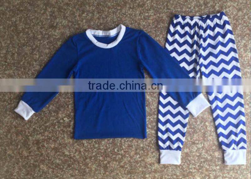 wholesale blue cotton pajamas outfits blue top and chevron pants boys 100% cotton pajamas family pajama sets