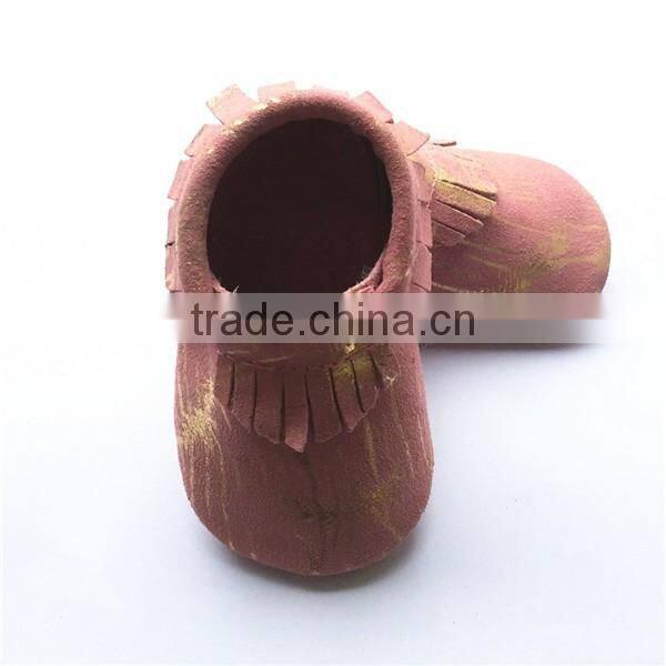 suede leather moccasins gold feather baby shoes