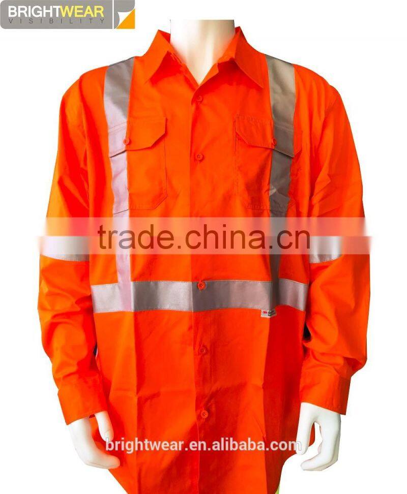 Australia hi-vis long sleeve cotton drill shirts with 3M8906 reflective tape