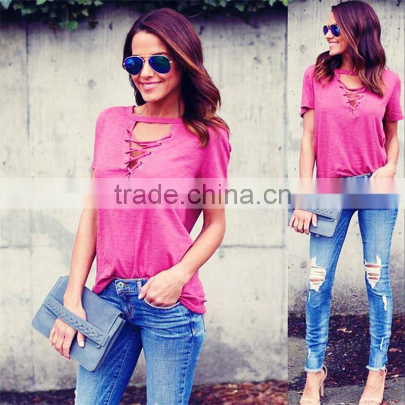 Women's short sleeve v-neck sexy t shirt with eyelet lace-up