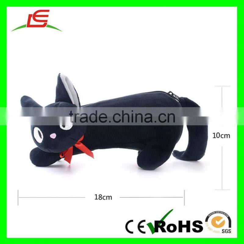 E477 Black Super Soft Velboa Cat with Bow Plush Pencil Case