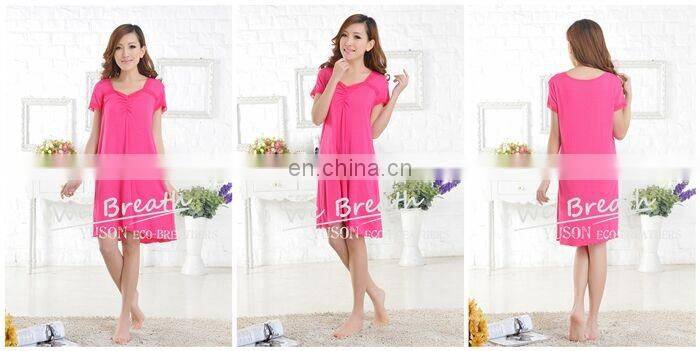 Lace trim square neck short sleeves bamboo sleep gown solid colors