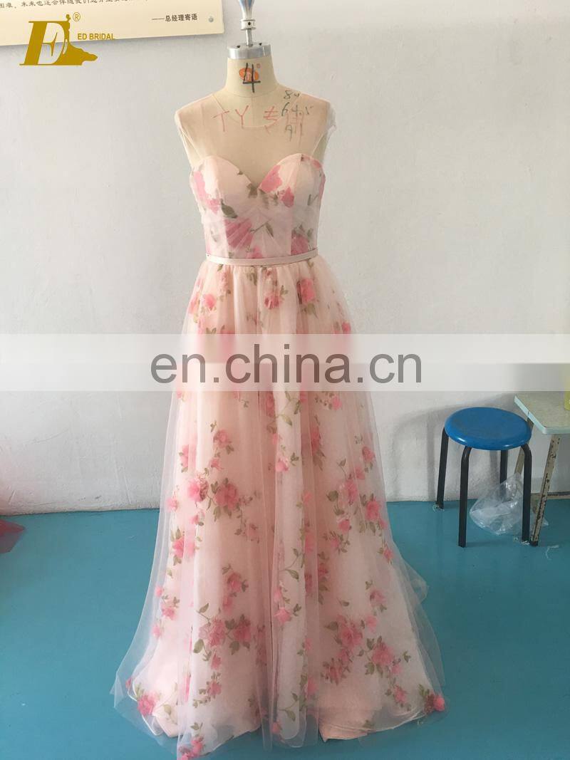 Floral Printed Fabric Honey Pink Sleeveless Tulle Dress Long Evening Gown 2017