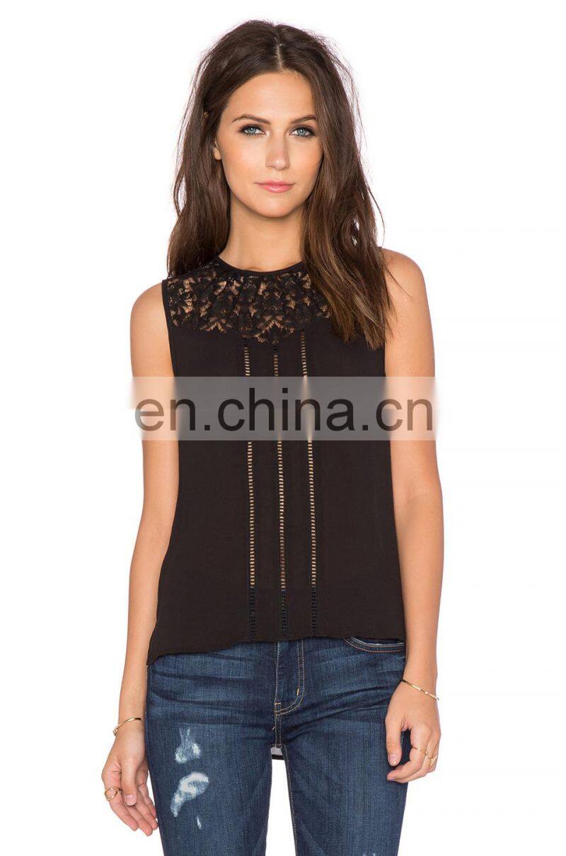 Black Lace with Half Sheer Material Images of Ladies Casual Tops