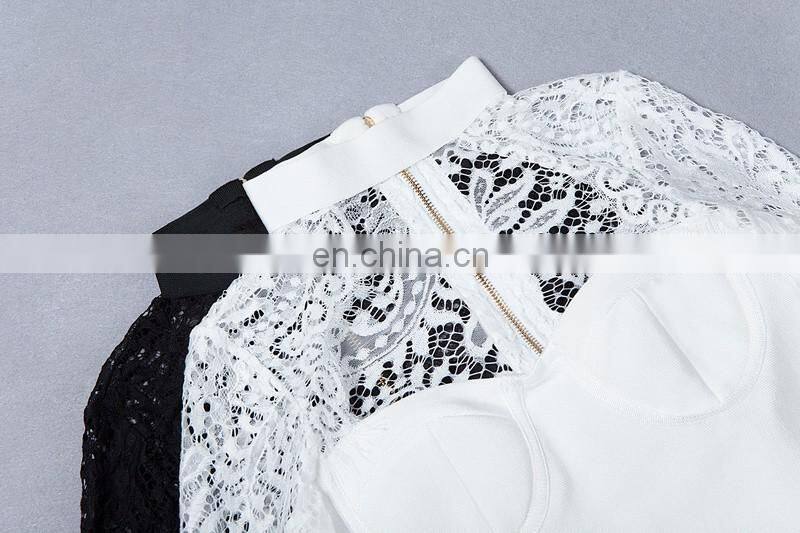 Amigo 2017 new design two piece sexy party wear bandage pants suit with long sleeve lace dew chest crop top and bodycon trouser