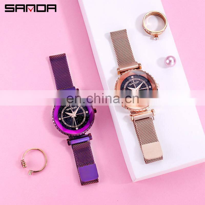 SANDA P1015 Best Mash Ladies Watch Analog Quartz Stainless Steel Starry Sky Business Office Lady Watch