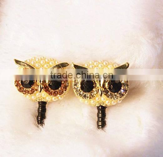 bling owl earphone cap, crystal anti dust plug, 3.5mm Rhinestones Night Owl Pattern Cellphone Charms