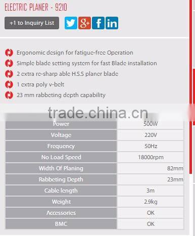 RONIX WOOD WORKING TOOLS ELECTRIC PLANER 500W MODEL 9210