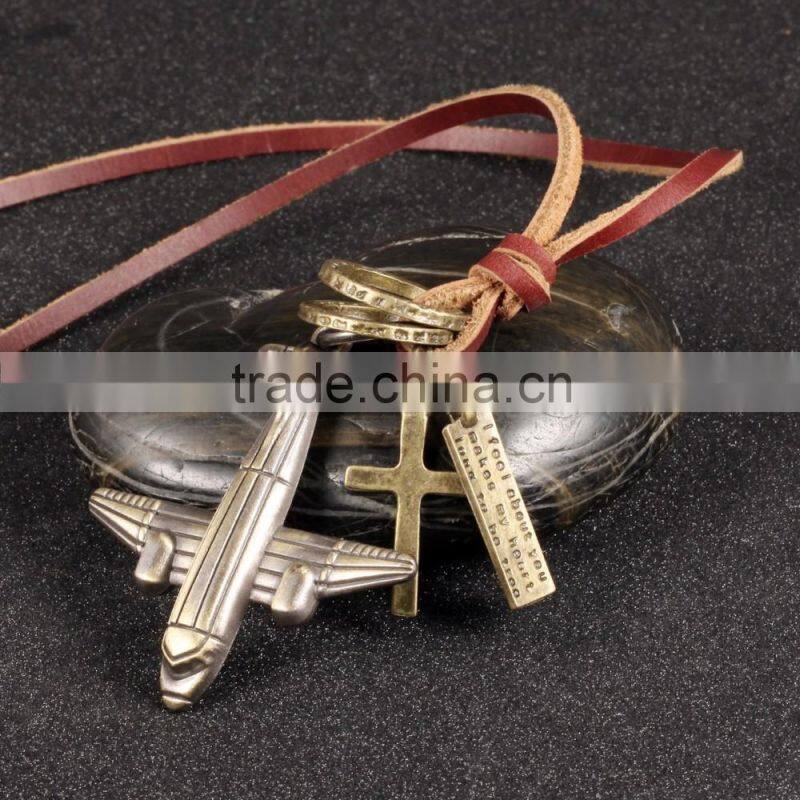 2016 wholesale fashion jewelry bronze alloy airplane pendant with leather chain for souvenir