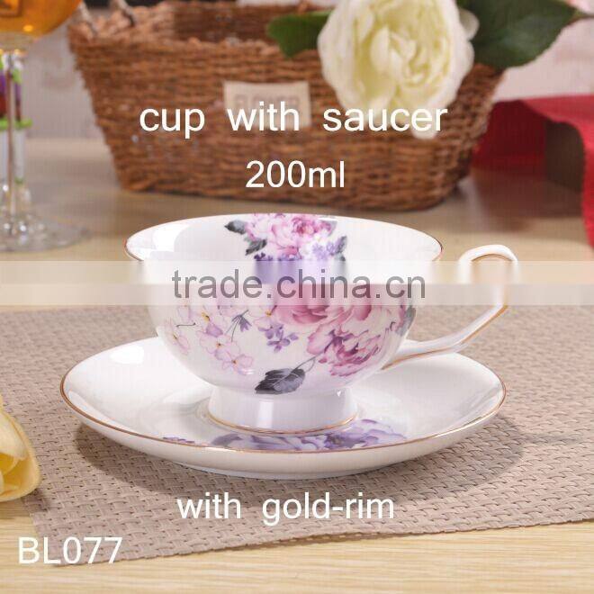 europe style round shape flower decal with gold-rim bone china cup with saucer