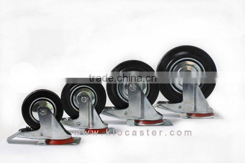 200mm black rubber industrial caster with brake with top plate