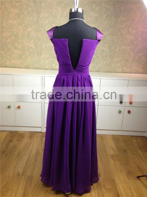 Generous cap sleeves dark purple bridesmaid dress 2015 chiffon maxi evening long dress for muslim women guangdong factory made