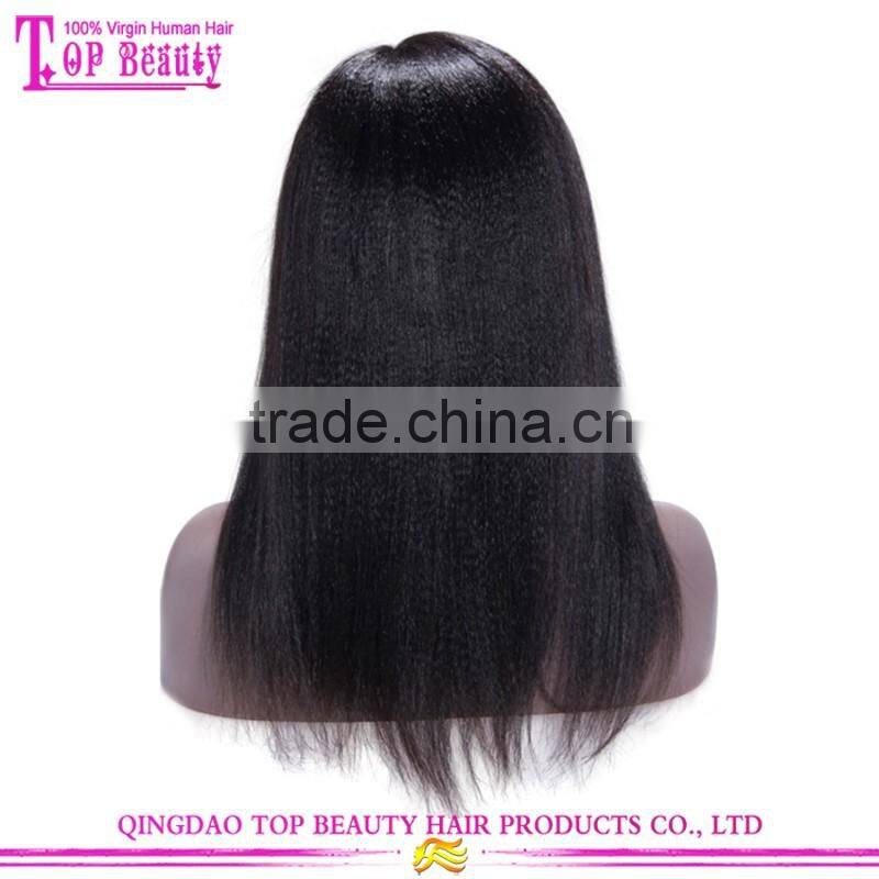 16 Inch Yaki Straight Style Wholesale Yaki Human Hair Wig Custom Made Side Part Lace Front Wig