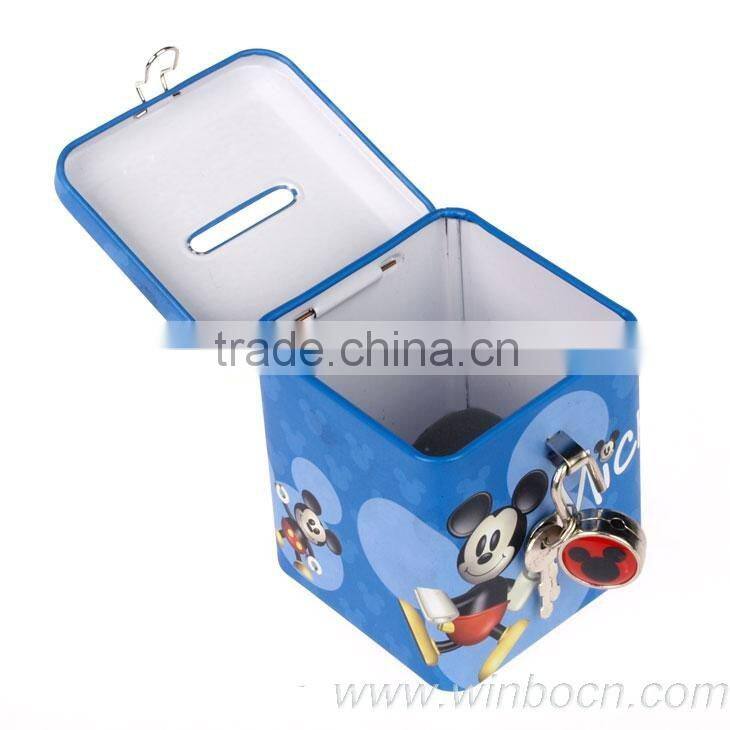 Square cartoon kids gift tin coin box with lock money bank