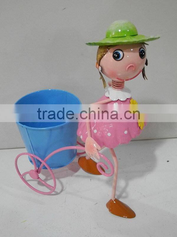 YS13462 cute girl with metal cart planter with low price