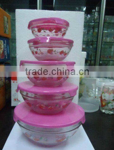 Hot sale different size 5pcs glass bowl set with yellow lid