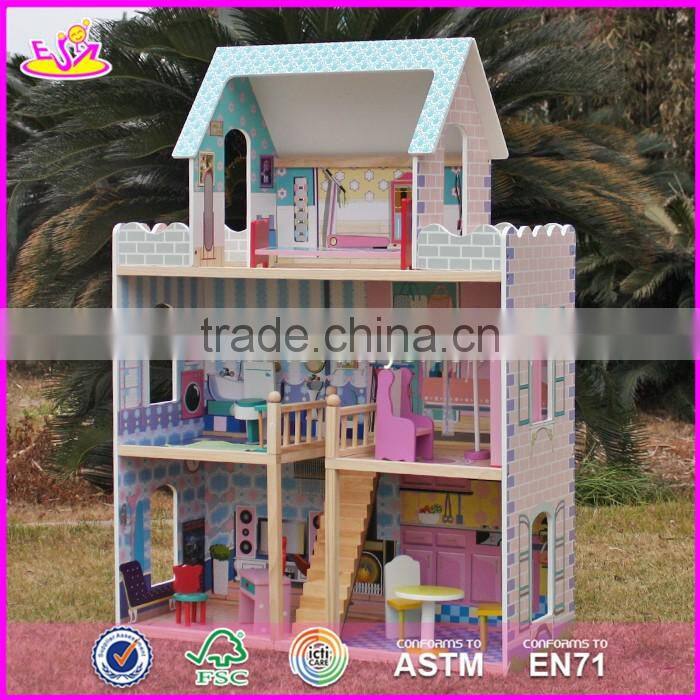2017 new design lovely pretend play wooden girls dollhouse W06A161