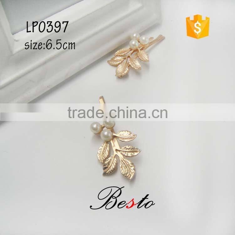 2016 New item pearl gold leaf hair clip for hair accessory