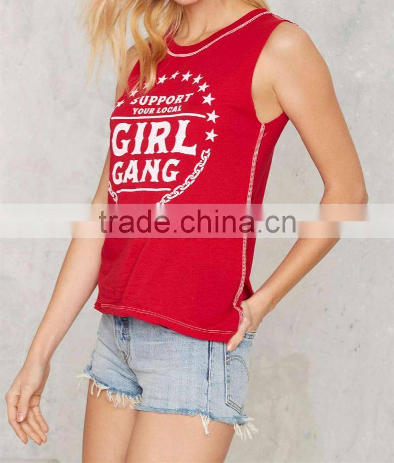2016 Summer Young Lady Red Print Cotton Tank Top HST8055