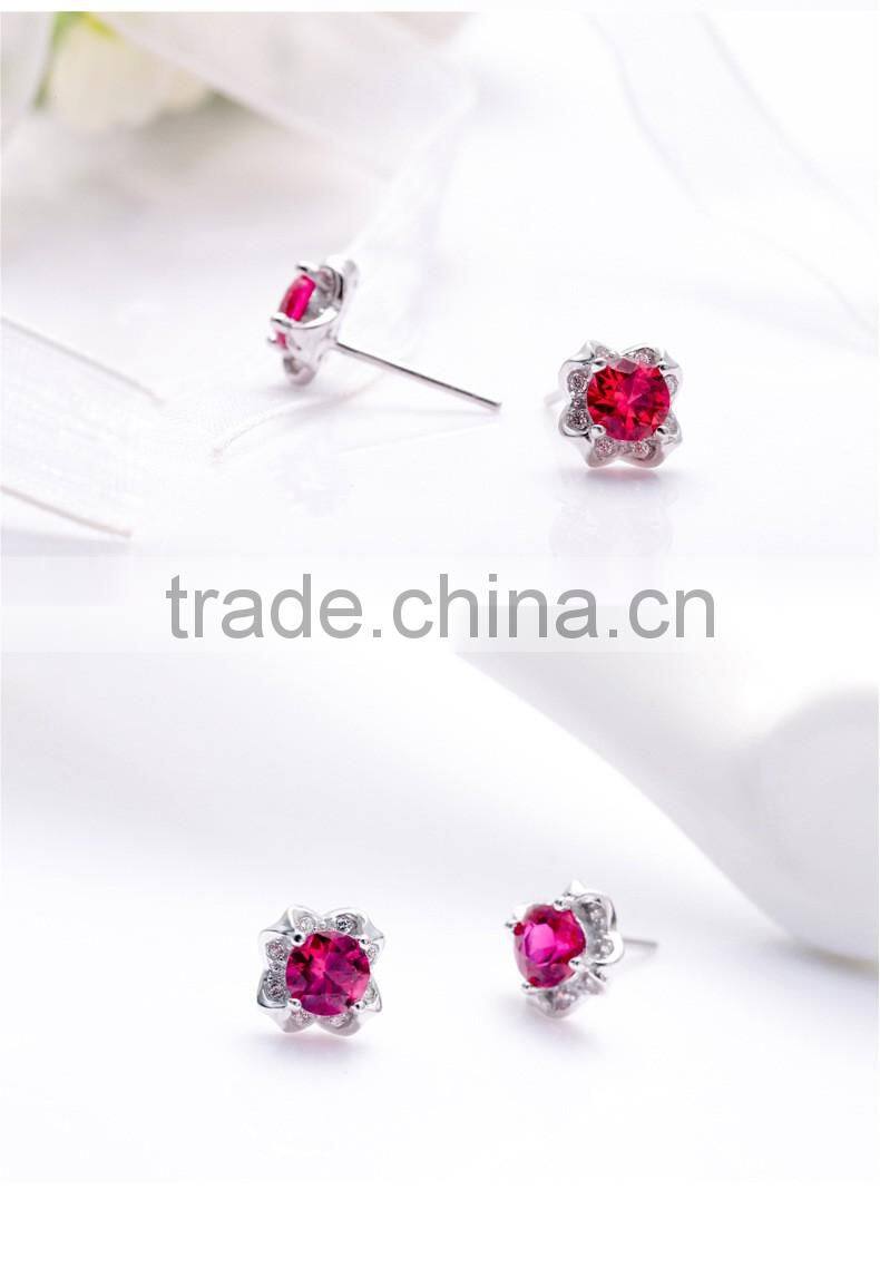 100% 925 Sterling Silver Flowers red zircon earrings