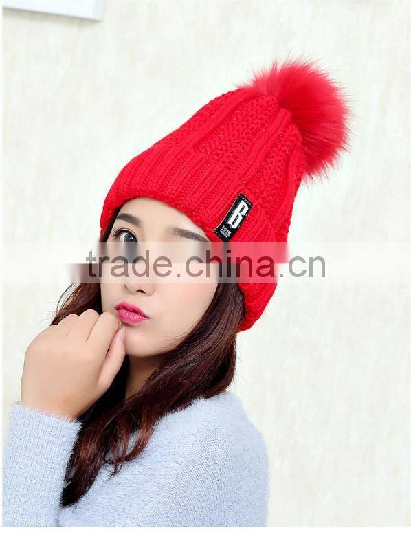 Logo design accept woman winter warm plush thicken winter beanie knit hat with fur poms