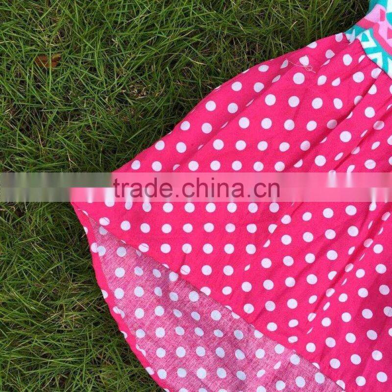 2015 new girls high low dress kids Aztec blue dress hot pink white polka dot dress with necklace and headband