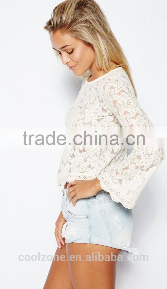 New arrival fashion loose through look floral lace lady blouse
