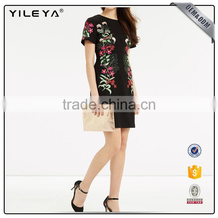Short sleeve summer women black embroidery dress design