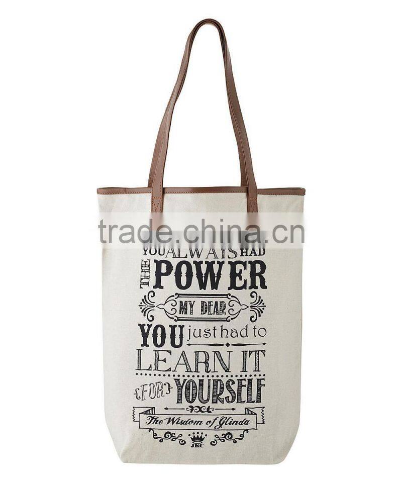 High quality reusable canvas shopping bag with pu leather handles