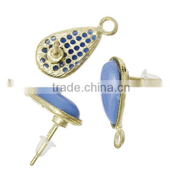 Earring Findings Ear Studs Teardrop Light Golden Blue Acrylic Rhinestone & Loop 19.5mm x 16mm,10 Pairs
