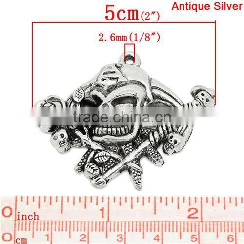 Charm Pendants Rose Flower Skull Halloween Ornaments Antique Silver 5x4.2cm