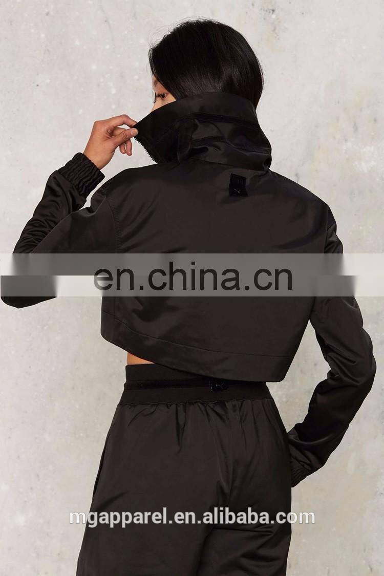 Wholesale woman coats and jackets, women high neck black track jacket