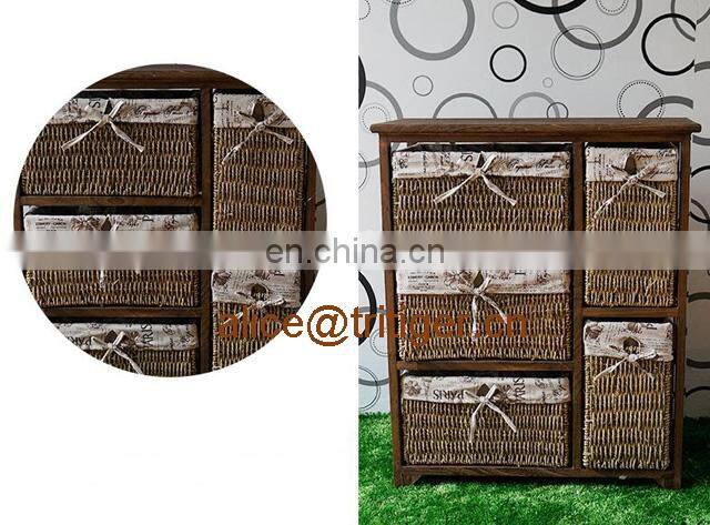 Antique Living Room Cabinet Wooden Cabinet with 5 Rattan Storage Drawers
