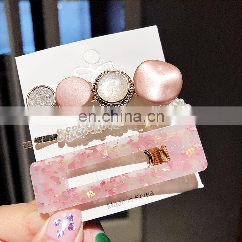 New 3PCS/Set Fashion Pearls Acetate Geometric Hair Clips For Women Girls Sweet Hairpins Barrettes