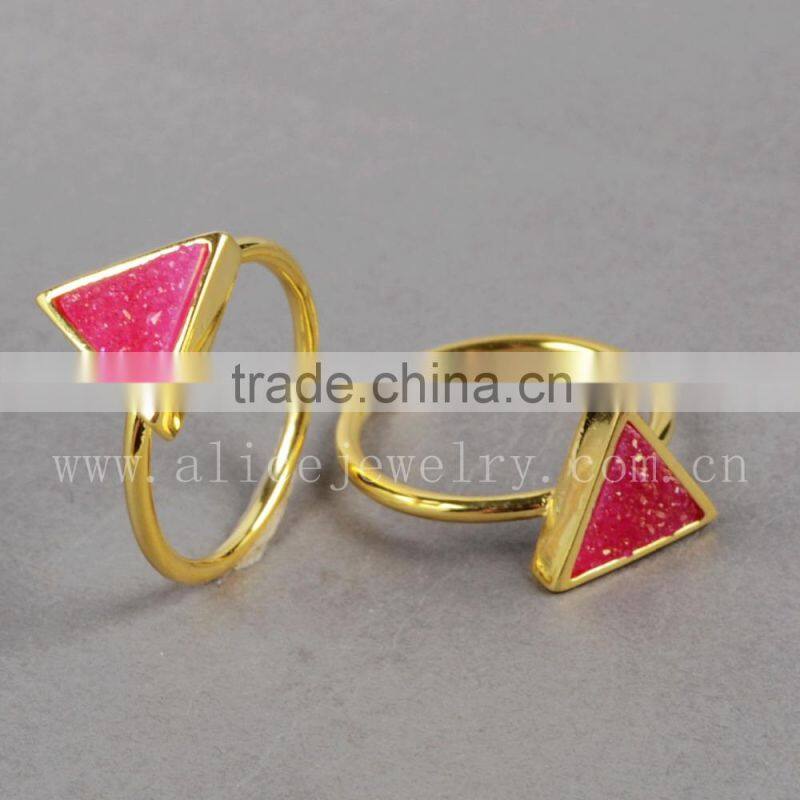 Golden plated metal ring with druzy stone cocktail stacking crystal ring quartz gemstone bezel Ring
